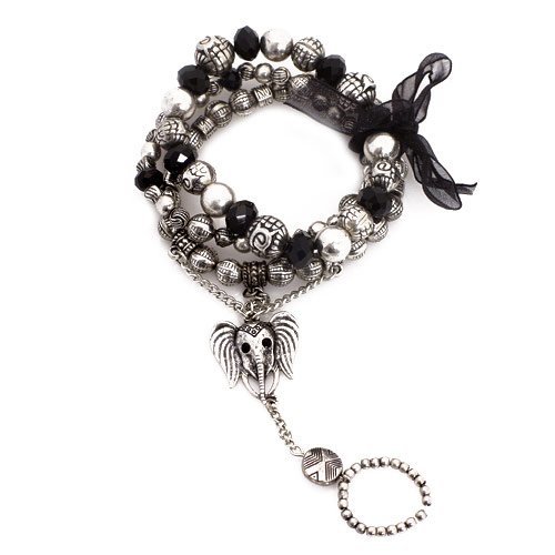 Bracelet And Connected Ring Burnished Silver Metal with Black Beads, Black Ribbon, Elephant Charm With Stretch Ring