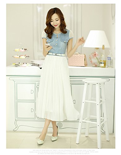 半袖デニム プリーツ ロングスカートワンピース シフォン マキシ丈 ウエストベルト シャツブラウスワンピース オールインワン コンビネゾン 夏物 クマのぬいぐるみ付き K-446