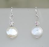 White Coin Pearl and Swarovski Crystal Earrings