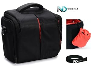 Canon EOS Rebel T3 SLR Professional Gadget Carrying Travel Case Medium Shoulder Body Bag - Black and Red. Complimentary NextDia ™ Velcro Cable Strap included.