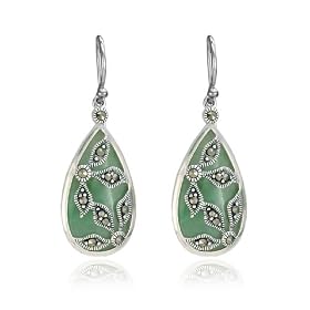 Sterling Silver Marcasite Flowers and Jade Tear Drop Wire Earrings by Amazon.com Collection