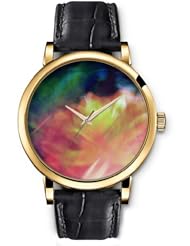 SPRAWL Aanalog Fashion Series Gold Ladies Watches of Genuine Black Leather Strap,Unique Wrist Watch for Women Girls Designed with Simulation flower on blurred colors