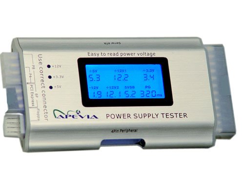 Apevia LCD ATX Power Supply Tester tests all power connectors and shows all power voltages on +12V1/+5V/+3.3V/5VSB/+12V2/-12V and P.G. with alarm warning on LCD screen.