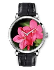 SPRAWL Aanalog Fashion Series Silver Ladies Watches of Genuine Black Leather Strap,Unique Wrist Watch for Women Girls Designed with red Flowers