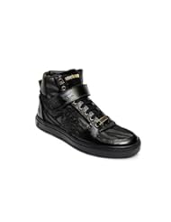Shoes: Roberto Cavalli 04155 mens black leather, patent leather and zibra designer fabric lace up sneakers.