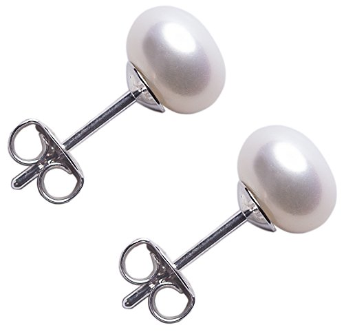 D'AMA Sterling Silver Stud Earrings, Button Freshwater Cultured Pearls AAA Quality