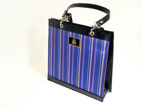 Blue Striped Silk and Leather Handbag
