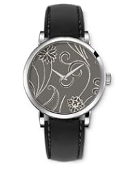 SPRAWL Aanalog Fashion Series Silver Ladies Watches of Genuine Black Leather Strap,Unique Wrist Watch for Women Girls Designed with Gray flowers on gray background