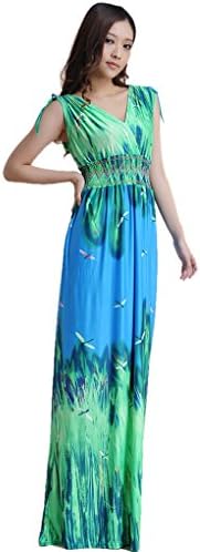 Lady Fashion Women's V Neck Sleeveless Long Print Boho Maxi Dress Size L