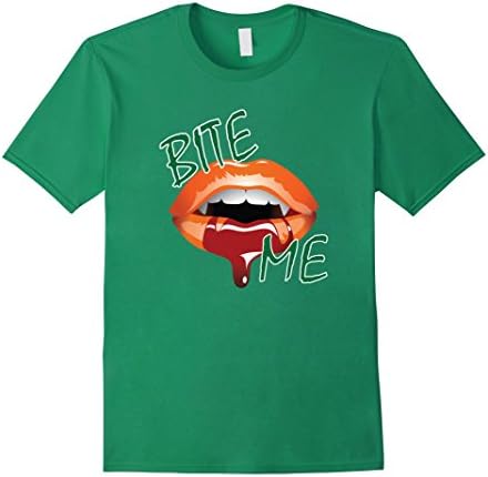 Men's Bite Me Orange Lips and Vampire Fangs T Shirt (B181) Medium Kelly Green