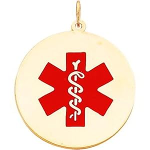 14K Gold Round Enamel Medical ID Charm Jewelry 39mm