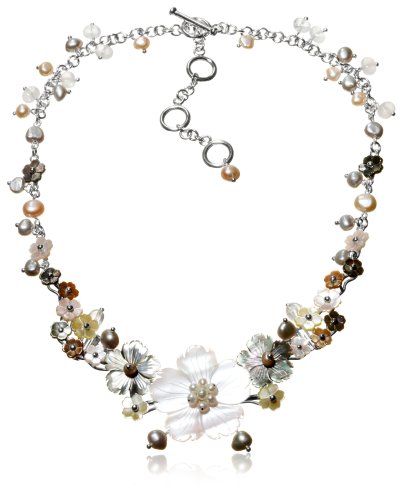 Freshwater Cultured Pearl, Rose Quartz and Dyed Mother-of-Pearl Floral Necklace