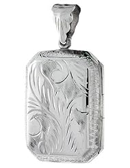 Large Sterling Silver Rectangular Locket Hand Engraved, 7/8 x 1 3/16 inch