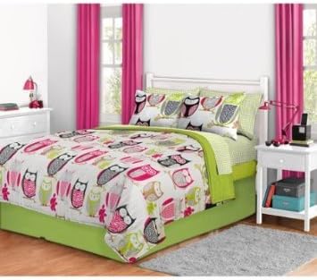 8pc Girl Green Pink Owl Zebra Bird Queen Comforter Set (8pc Bed in a Bag)