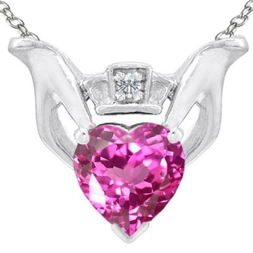 Candygem Genuine 10K Gold Lab Created Heart Shaped Pink Topaz and Diamond Claddagh Love Pendant