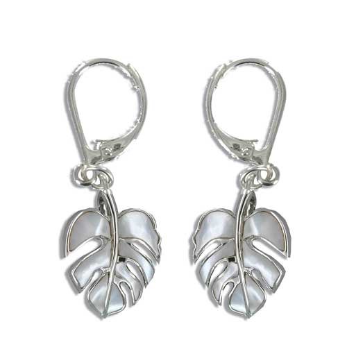 Sterling Silver Hawaiian Monstera Leaf White Mother Of Pearl Lever Earrings