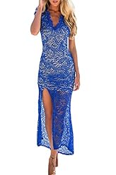Sexy V-neck Lace Polyester/Spandex General Print Summer Ankle Length Club Dress/Party Dress/Maxi Dress 