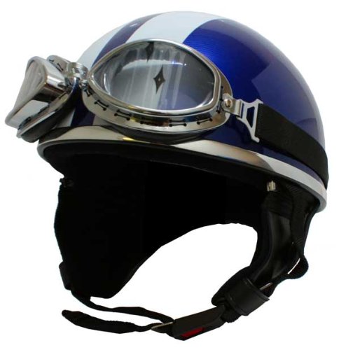 バイク用 ヘルメット ◎ゴーグル付き　ビンテージ　ヘルメット　（メタリックブルー/ホワイト）