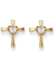 MadiK® 14k Yellow Gold Polished Heart Cross with CZ Post Stud Earrings