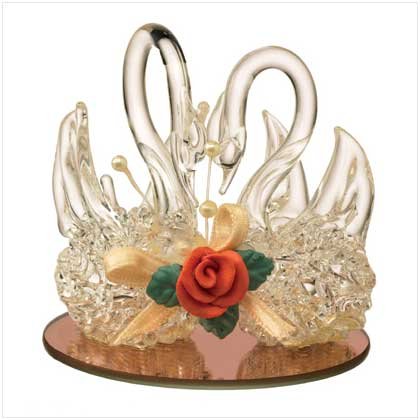 TWIN SWANS MIRROR POND SPUN GLASS FIGURINE SCULPTURE