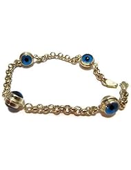 14k Solid Yellow Gold Turkish Blue Beads Evil Eye Bracelet