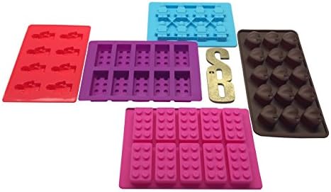 SnB Deluxe: 5 Silicone Candy Molds & Ice Cube Trays - Best Box Set of Molds for Lego & Heart Lovers w Bonus Recipe Inside