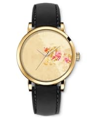 SPRAWL Aanalog Fashion Series Gold Ladies Watches of Genuine Black Leather Strap,Unique Wrist Watch for Women Girls Designed with Border of pink flowers