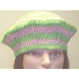 B305x, Hand Crocheted Pink and Lime Green Color Rayon Cotton Stripe Gimp Beret for Men Women and Teens