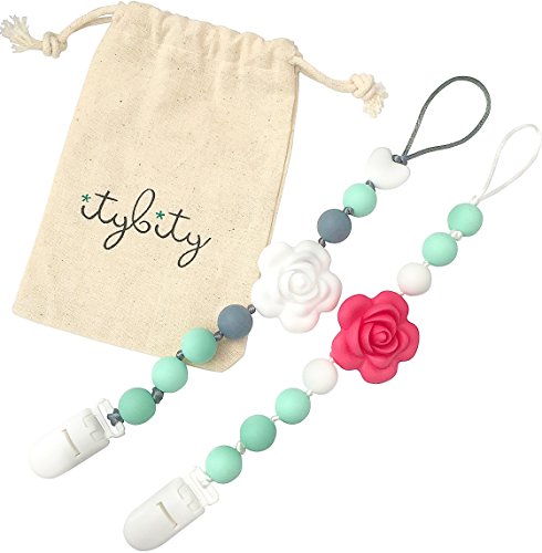 Pacifier Clip Girl with BPA Free Silicone Teether, 2 Pack