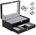 BEWISHOME Watch Box Organizer Case 12 Mens Jewelry Display Drawer w/Adjustable Tray Glass Top Black PU Leather SSH02B