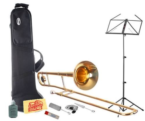 Barcelona Concert Series CS-1000 B-Flat Tenor Slide Trombone with Case plus Premium Valve Oil, Slide Grease, Mouthpiece Brush, Valve Casing Brush, Vinyl Trombone Cleaner, ID Tag, Stagg MUS-A2BK Music Stand Stand, and Large Polish Cloth