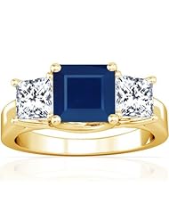 18K Yellow Gold Princess Cut Blue Sapphire Three Stone Ring