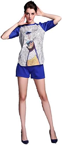 Women's Peacock Printed Two Pieces T-shirt Suits Plus Size G020-1(Blue,US 18W)