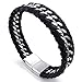KONOV Mens Leather Stainless Steel Bracelet, Wide Cuff Bangle, Black Silver