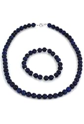 Women's Sterling Silver Lapis Beaded Bracelet and Necklace Set