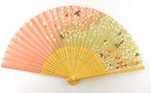 Japanese Handheld Folding Fan, Cherry Blossoms on Pink and Green HF59 (Bundle of 2)