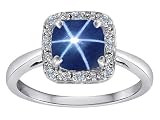 1.54 cttw 10k White Gold Classic Cushion Cut Designer Ring with Genuine Diamonds and Lab Created Star Sapphire