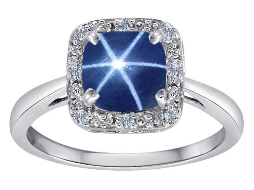 1.54 cttw 10k White Gold Classic Cushion Cut Designer Ring with Genuine Diamonds and Lab Created Star Sapphire