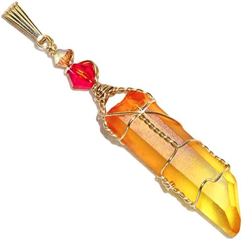 Sunset Aura Quartz Crystal Wire Wrap Pendant in 14K Gold Filled By Puppylove