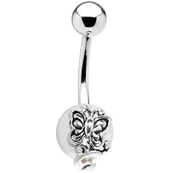 Sterling Silver Butterfly Faux Pearl Belly Ring