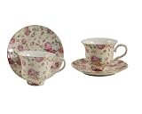 Gracie China Cream Rose Chintz 8-Ounce Porcelain Tea Cup and Saucer with Gold Trim, Set of 2 Gift Boxed