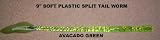 9 Soft Plastic Split Worm - (8 Pack) Avacado Green with various tail colors