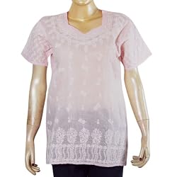 Lady Shirt Cotton Short Sleeve Top Blouse Chikan Embroidery Size M (ctop437)