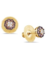 14K Yellow Gold Round Brilliant Cut Chocolate Brown and White Diamond - Flower Shape Channel Set Studs Earrings with Secure Screw Back Closure - (1.00 cttw.)