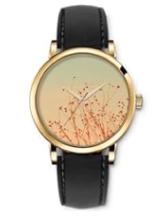 SPRAWL Aanalog Fashion Series Gold Ladies Watches of Genuine Black Leather Strap,Unique Wrist Watch for Women Girls Designed with red buds