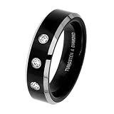 6mm Beveled 2 Two Tone Black Cobalt Free Tungsten Carbide COMFORT-FIT 3 stone 0.11 Carat Diamond Wedding Band Ring for Men and Women (Size 5 to 9)