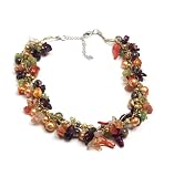 Oi! - Ladies Gold Fresh Water Pearl, Carnelian And Jade On Silk Neckalce - N0523