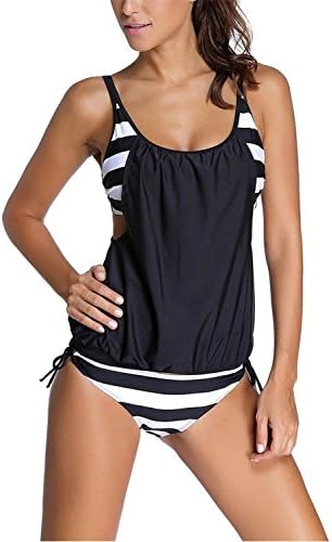 AisuVolvo Women's Stripes Lined Up Double Up Tankini Vintage Swimsuits Swimwear Bikini (XXL, Black)