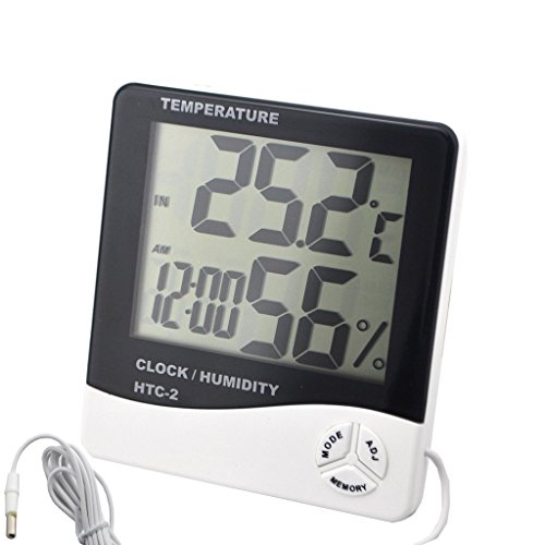 Momoday Digital HTC-2 Temperature and Humidity Meter with Alarm Clock / 1.5m Temperature Probe Lines for Cars, Incubators and Brooders, and Home Comfort Monitor