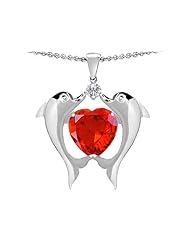 Original Star K (tm) Kissing Dolphins Pendant With Heart Shape 8mm Simulated Mexican Orange Fire Opal in .925 Sterling Silver